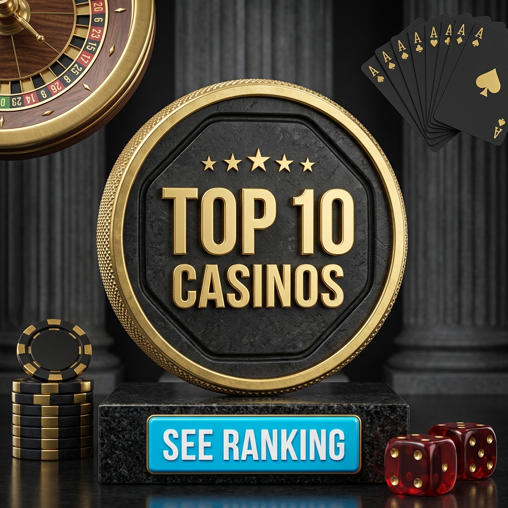 Top 10 Casinos medallion with roulette, cards, chips and dice